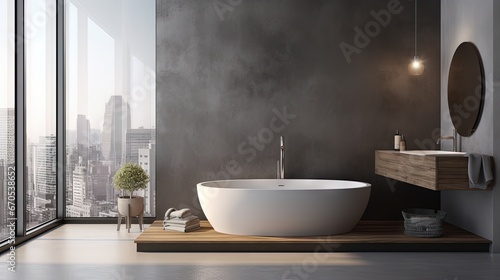 Stylish gray bathroom interior with concrete floor  window with city view  dark wall  big bathtub  and white sink with vertical mirror and wooden vanity. 3d rendering copy space