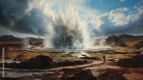 Erupting geysir in iceland in a rocky landscape created with Generative AI