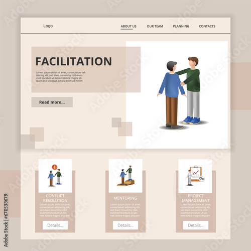 Facilitation flat landing page website template. Conflict resolution, mentoring, project management. Web banner with header, content and footer. Vector illustration.