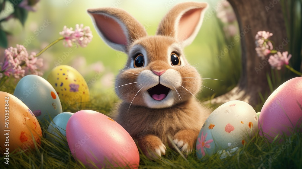 Happy easter day, rabbit delivery, cute bunny with colorful egg, 3d rendering