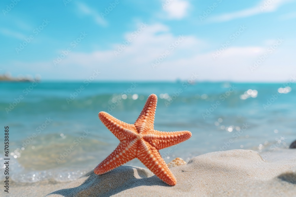 Close-up of a starfish on the shore with the wave of the sea