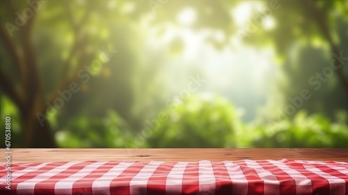 Red checkered picnic cloth on wooden table empty space blurred nature background.