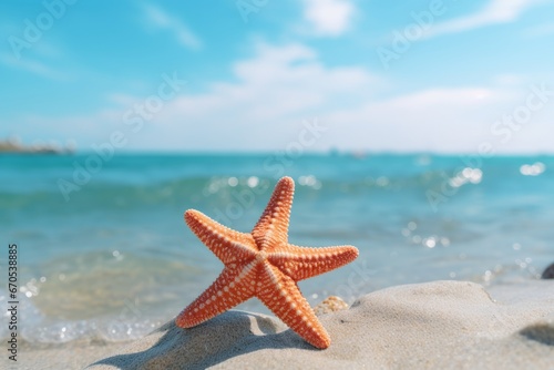 Close-up of a starfish on the shore with the wave of the sea