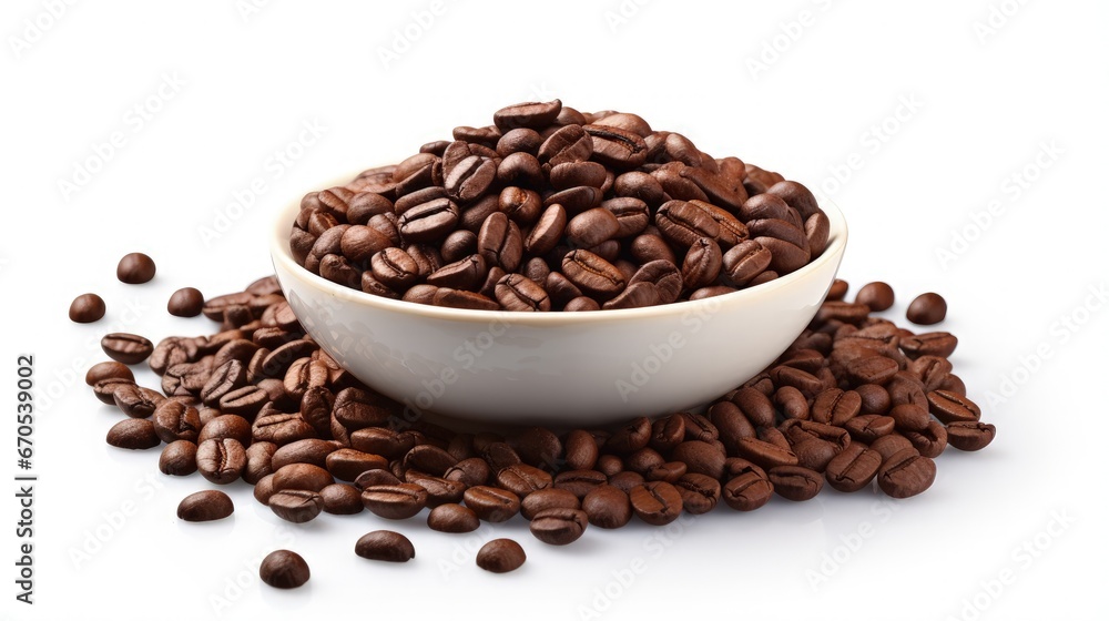 Bowl of ground coffee and beans isolated on a white background.