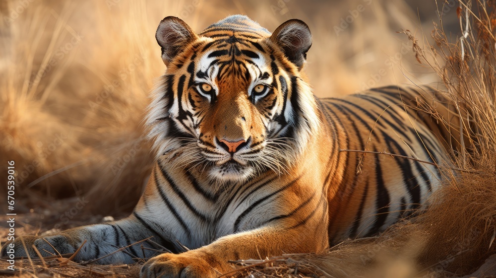 wild royal bengal tiger portrait in wildlife safari at ranthambore national park or tiger reserve rajasthan india - panthera tigris tigris - obrazy, fototapety, plakaty 