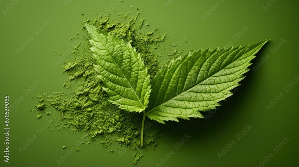 Creative nettle leaf impression on green powder. Minimal nature - obrazy, fototapety, plakaty 