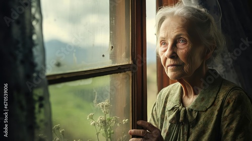 An elderly woman stands at the window