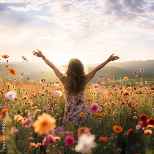 Happy woman raising arms enjoy morning in flowers field