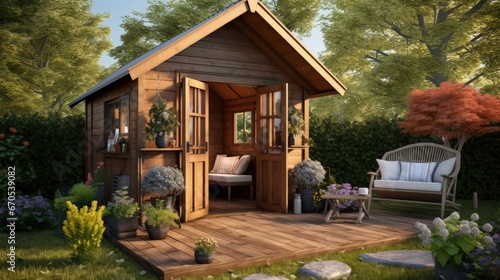 Small beautiful wooden house shed or storage hut for garden tools equipment and bicycles at backyard at beautiful american or european countryside backyard. Cozy rural yard stuff warehouse. photo