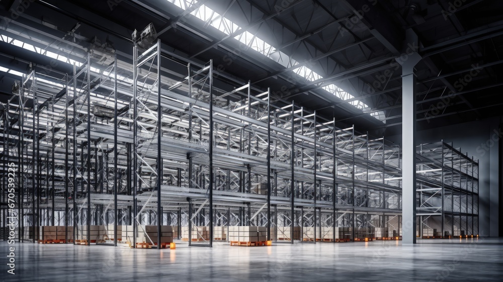 Obraz premium Modern interior of new empty warehouse. Racks pallets shelves. Metal construction. Storage equipment.