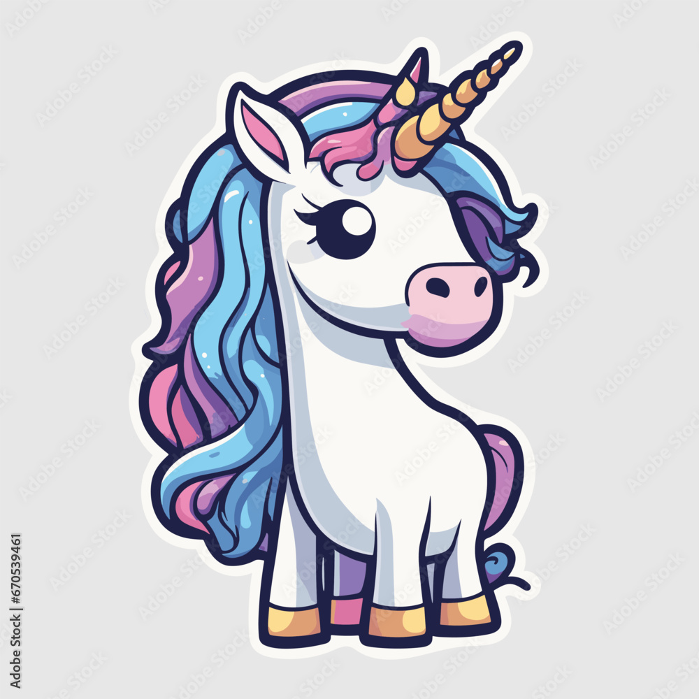 Cute cartoon child unicorn. Character design. Vector kids illustration. Sticker