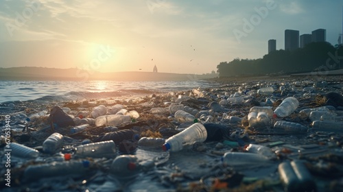 Spilled garbage on beach of big city. Empty used dirty plastic bottles. Dirty sea sandy shore the Black Sea. Environmental pollution. Ecological problem. Bokeh moving waves in the background