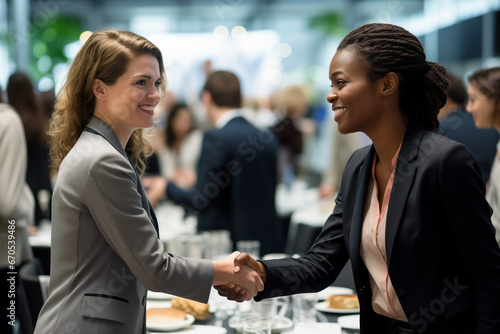 Women shaking hands at a conference