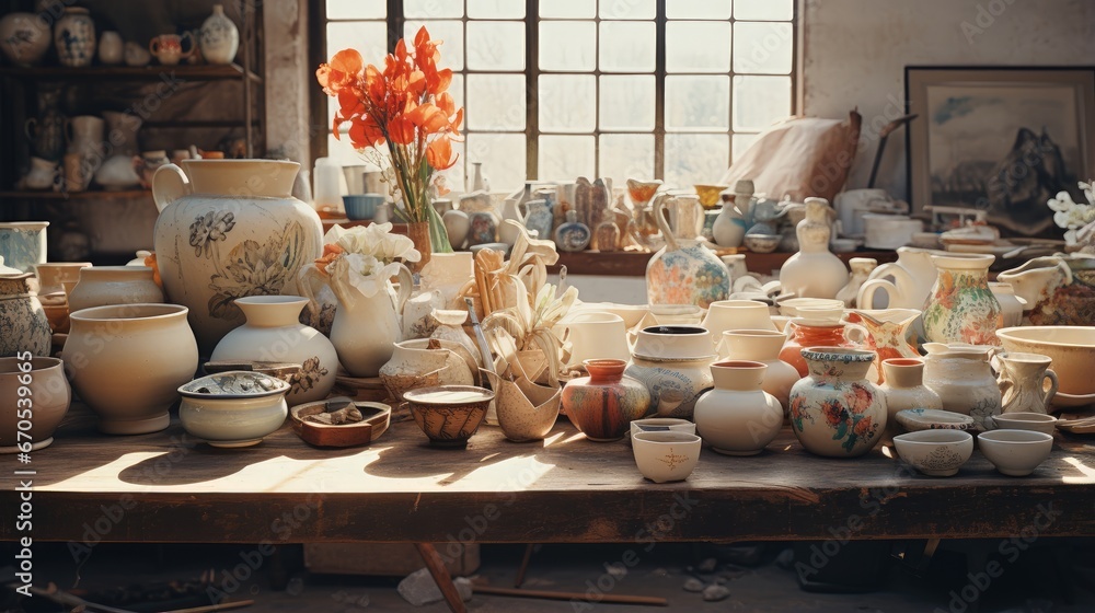 Assorted ceramic wares arranged on table in pottery studio - obrazy, fototapety, plakaty 