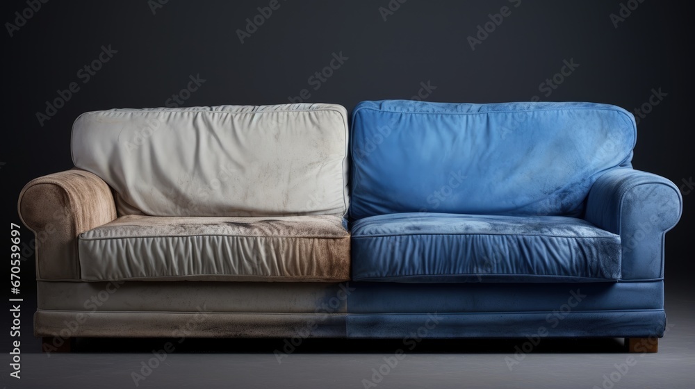 Dirty and clean sofa before and after dry cleaning in room. Blue soft sofa dirt stains. Sofa straight view, dirty half and clean half. Concept for a cleaner, cleaning company, 3d illustration Dirty and clean sofa before and after dry cleaning in room. Blue soft sofa dirt stains. Sofa straight view, dirty half and clean half. Concept for a cleaner, cleaning company, 3d illustration