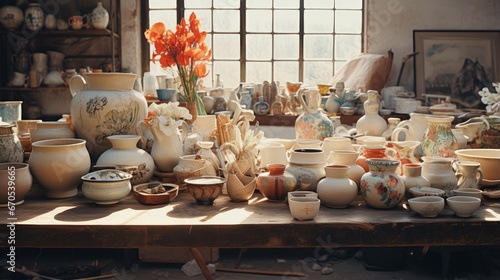 Assorted ceramic wares arranged on table in pottery studio photo