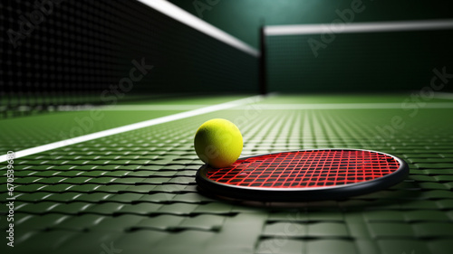  Pickleball Court: Racket and Ball at the Net 3D Render Generative AI