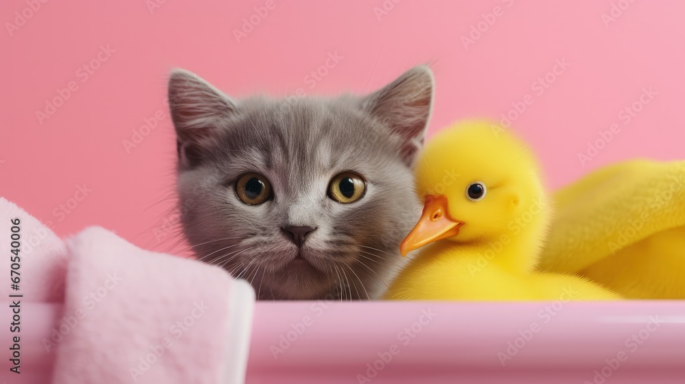 Bathing cat with a yellow duck. Cute gray fluffy cat lies in a terry towel, next to a golden bath and with a yellow rubber duck on a pink background. Pet grooming concept, Pet care,bath routine