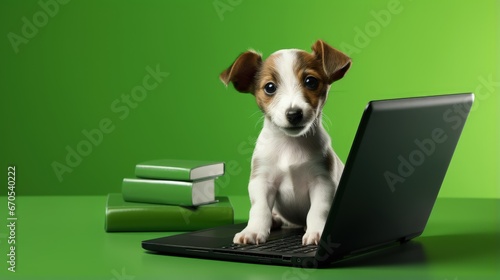 portrait of cute dog puppy sitting next to a laptop with green screen, online shopping,