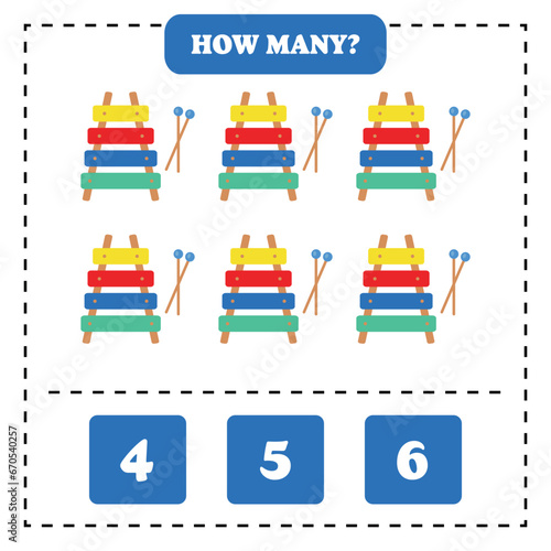How many xylophone are there? Educational worksheet design for children. Counting game for kids. © Emre Akkoyun