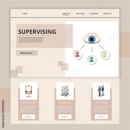 Supervising flat landing page website template. Deal making, delegation, facilitation. Web banner with header, content and footer. Vector illustration.