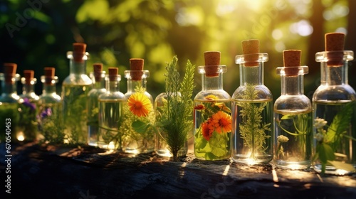 Tincture of medicinal herbs in bottles. Selective focus. Nature.