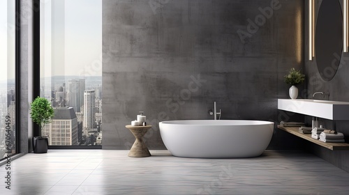 Stylish gray bathroom interior with concrete floor, window with city view, dark wall, big bathtub, and white sink with vertical mirror and wooden vanity. 3d rendering copy space photo