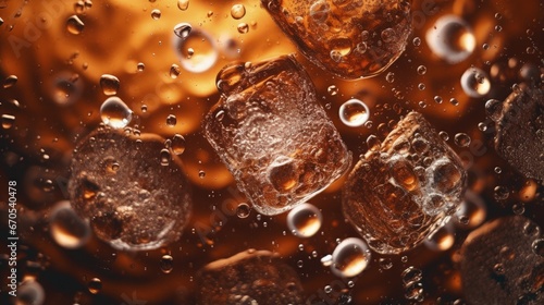 macro cola,Detail of Cold Bubbly Carbonated Soft Drink with Ice,Close up view of the ice cubes in dark cola background. Texture of cooling sweet summer's drink with foam and macro bubbles on the glass