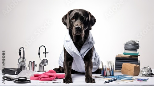 senior dog dressed up like a veterinarian isolated on white background - black labrador retriever photo