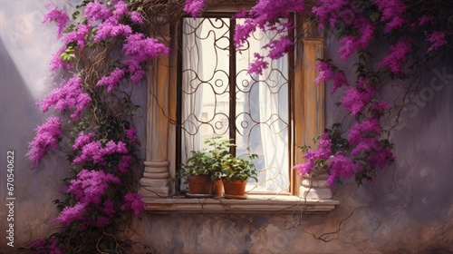 Purple blooming bouganville near a traditional window