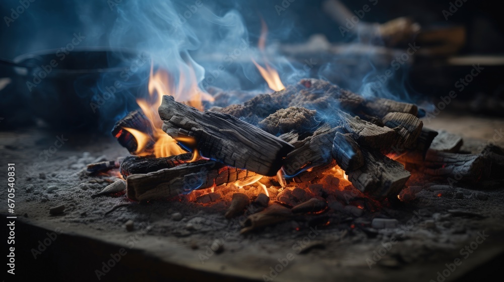 close-up of wood burning in a stove made of brick and gray ash. blue smoke coming out of the wood that is used as natural fuel for cooking food. cooking on a Colombian peasant farm. close-up of wood burning in a stove made of brick and gray ash. blue smoke coming out of the wood that is used as natural fuel for cooking food. cooking on a Colombian peasant farm.