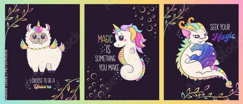 set of cards with rainbow kawaii animals and funny magic slogans. Postcards, posters for nursery and baby shower decor