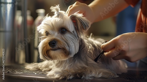 Dog Gets Hair Cut At Pet Spa Grooming Salon. Closeup Of Dog