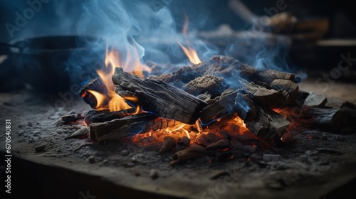 close-up of wood burning in a stove made of brick and gray ash. blue smoke coming out of the wood that is used as natural fuel for cooking food. cooking on a Colombian peasant farm.