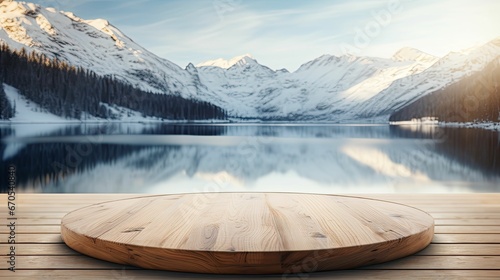 wooden table in the background with snow