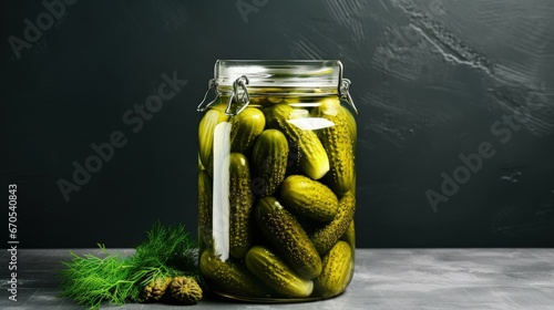 Pickled cucumbers for winter organic food. Jar of homemade gherkins, clean eating, vegan concept. Trendy hard light, dark shadow, grey concrete background, copy space