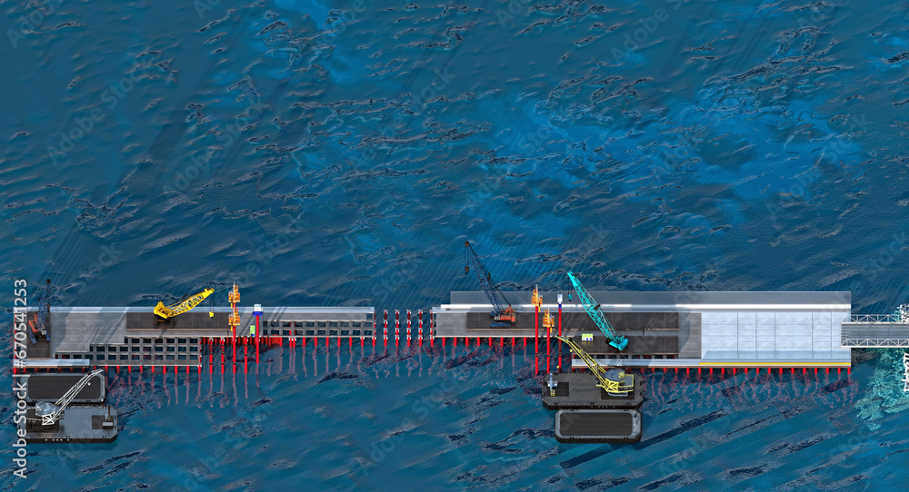 Berth construction. The scene of the construction of a berth with a root part, a pile foundation and equipment (floating and crawler crane, pontoon, drilling rig, vibration loader. 3d-rendering