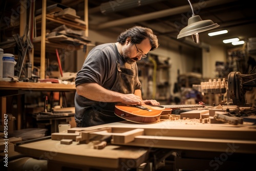A man in the workshop makes a guitar by hand