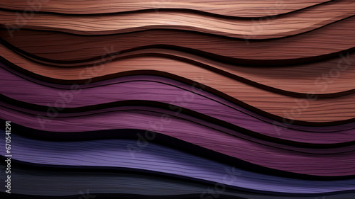 Horizontal huge shapes of wood in brown, purple and blue, surface with structure, in different layers, pattern as background, texture