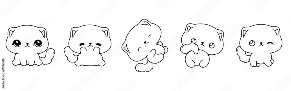 Set of Kawaii Isolated Scottish Fold Kitty Coloring Page. Collection of Cute Vector Cartoon Baby Animal Outline for Stickers, Baby Shower, Coloring Book, Prints for Clothes