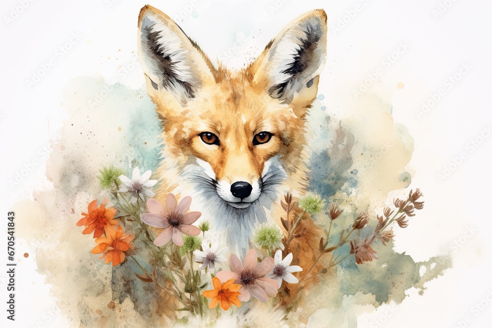 Portrait of a red fox with big ears on a background of flowers Portrait of a red fox with big ears on a background of flowers
