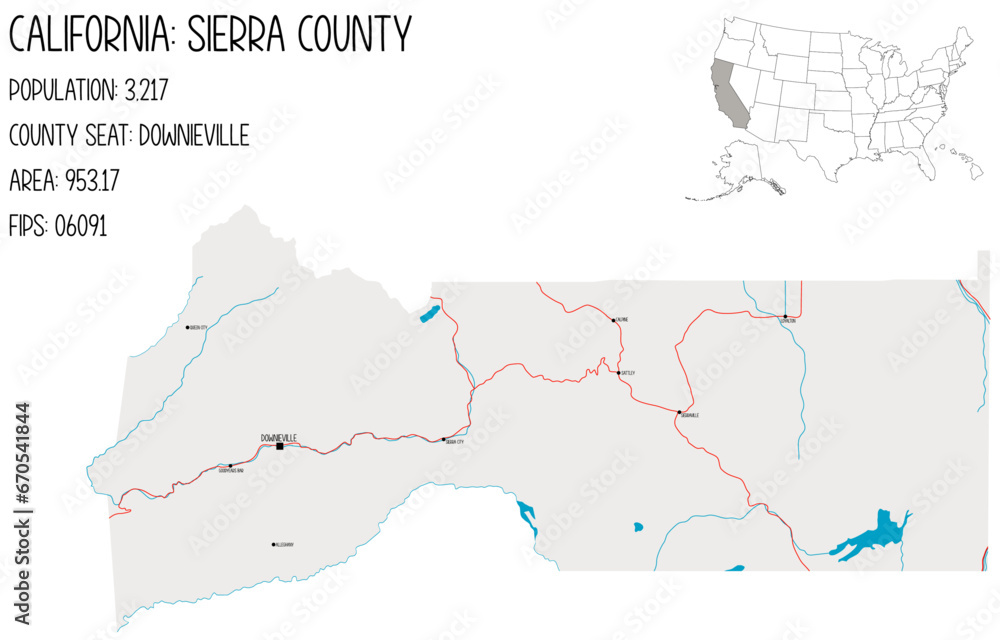 Large and detailed map of Sierra County in California, USA.
