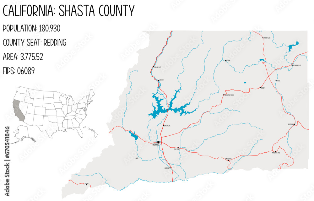 Large and detailed map of Shasta County in California, USA. Stock