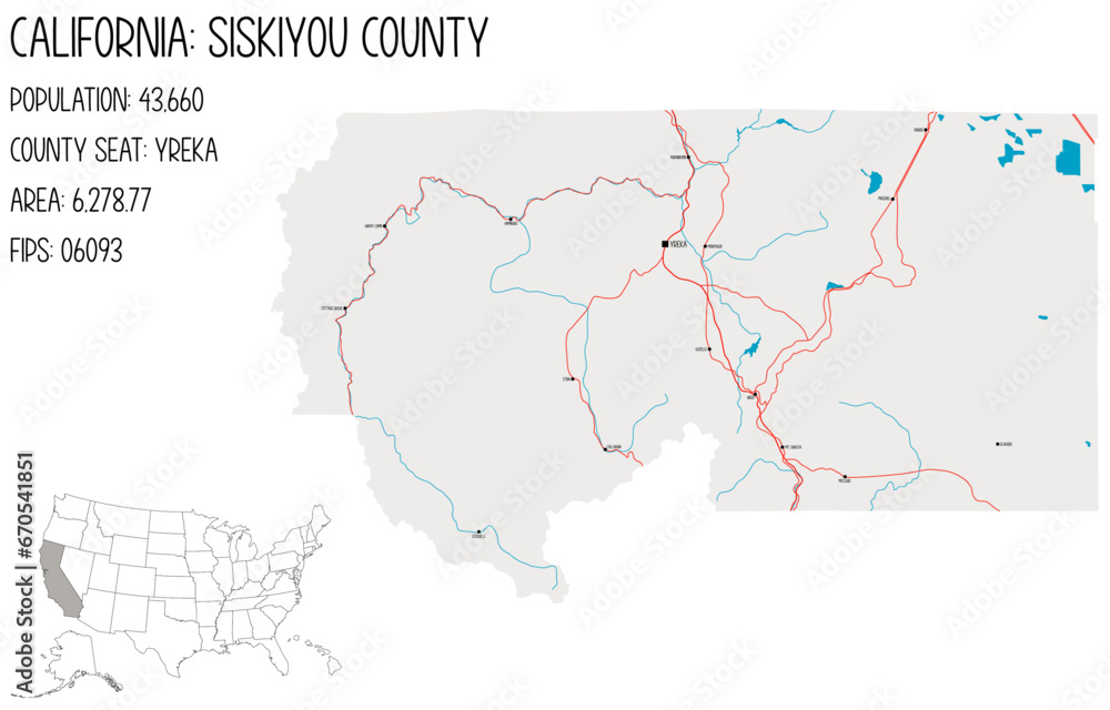 Large and detailed map of Siskiyou County in California, USA.