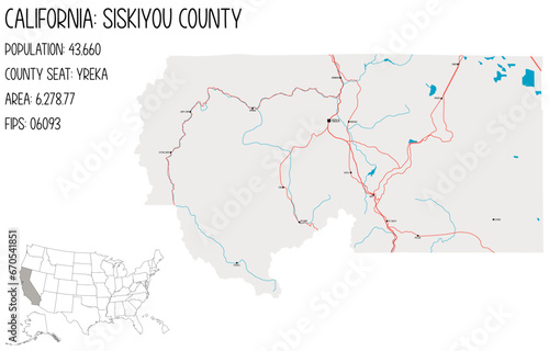 Large and detailed map of Siskiyou County in California, USA.