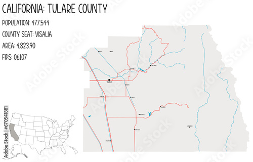 Large and detailed map of Tulare County in California, USA.