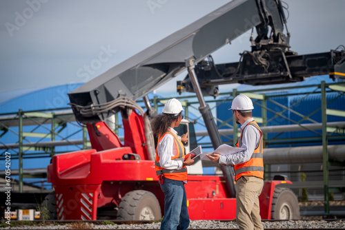 Engineers survey team wearing safety uniform and helmet under conversation document on hand and tablet inspect survey checking construction railway work station with oil refinery factory background.