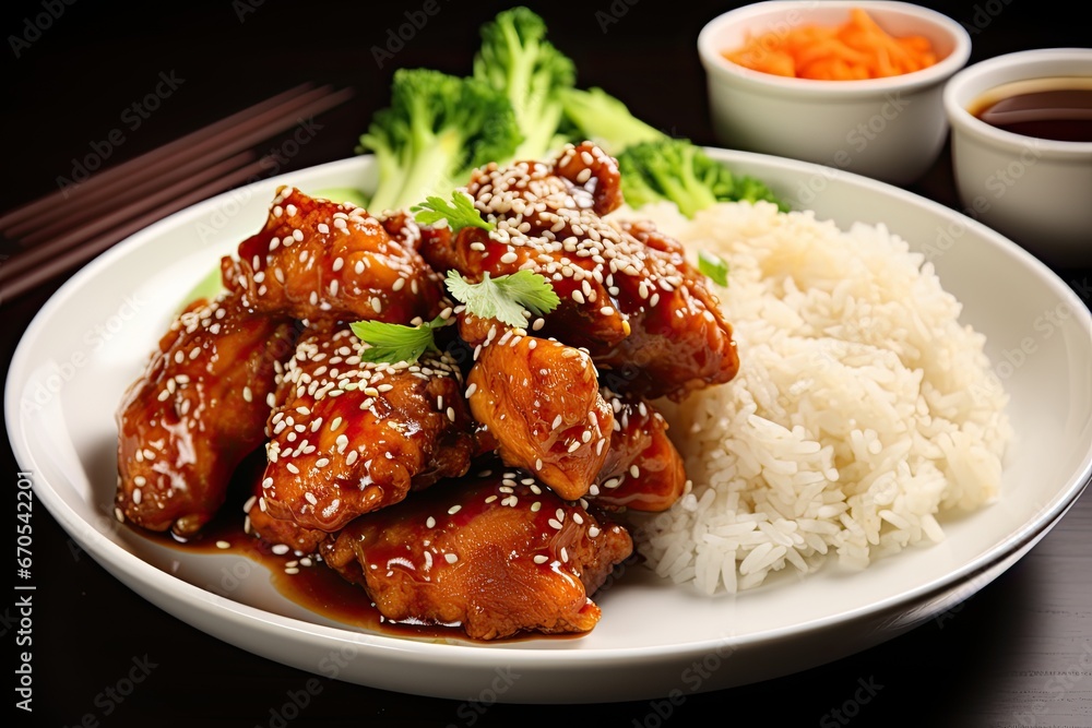 Crispy Sesame Chicken served with steaming rice on a well-set table, showcasing the golden, crunchy texture and aromatic flavors of this delightful dish. Crispy Sesame Chicken served with steaming rice on a well-set table, showcasing the golden, crunchy texture and aromatic flavors of this delightful dish.