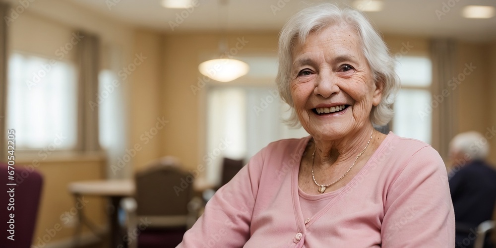 Happy senior woman living in a nursing home, beautiful background with copy space Happy senior woman living in a nursing home, beautiful background with copy space