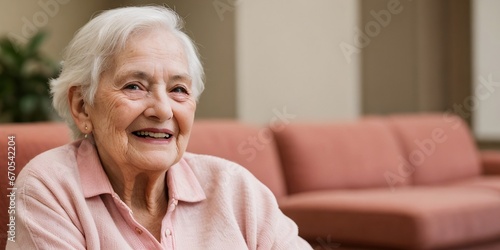 Happy senior woman living in a nursing home, beautiful background with copy space